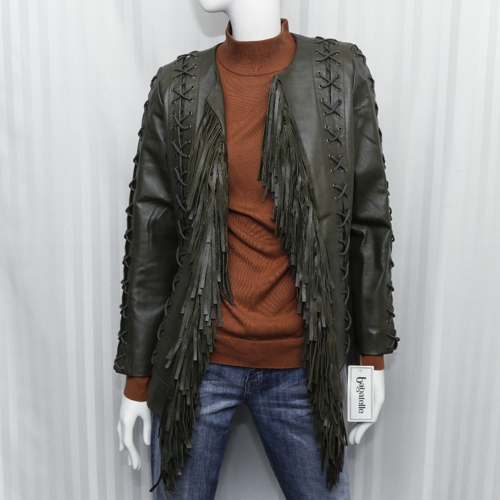 Rare Bagatelle/Anthro Olive Green Genuine Leather Boho Western Fringe Jacket SzS